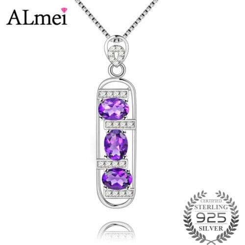 Almei 3pcs 0.4ct Amethyst Purple Bar Pendant Genuine 925 Sterling Silver Irregular Necklace Jewelry for Friendship with BoxCN018