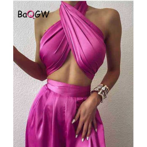 BaQGW Sexy Satin Women Two Piece Set Summer Halter Tank Top High Waist Wide Leg Pants Set Vintage Party Club Lace Up Outfits
