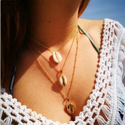 Bohemian Shell Multi-layer Necklaces Women Fashion Gold Rhinestone Letter A Round Pendant Necklace Collar Jewelry