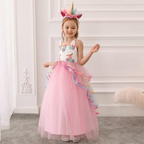 Flower Girls Cosplay Unicorn Long Dress Childrens day Princess Girls Birthday Party Dress Teen Kids Halloween Unicorn Clothes