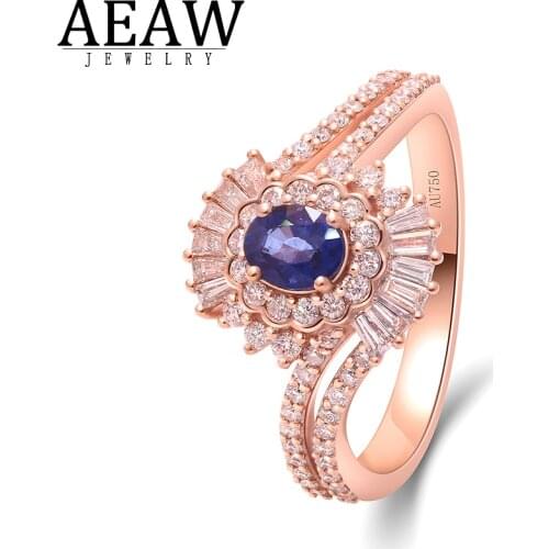 AEAW 0.51Carat Oval Shape Lab Sapphire with Natural Diamond Side Stone Engagement Ring 14K Rose Gold Real Fine Jewelry For Lady