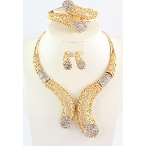 African Beads Jewelry Set Dubai Gold Color Crystal Women Wedding Party Necklace Bangle Earring Ring Fine Jewelry Sets