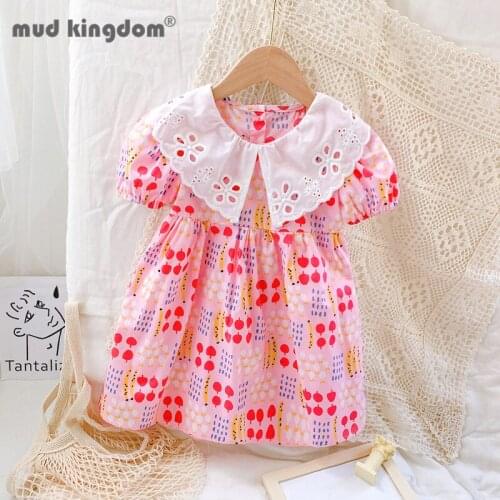 Mudkingdom Girls Fruit Dress Cute Cherry Print Peter Pan Collar Ruffles Puff Sleeve Button Dresses Kids Summer Toddler Clothes