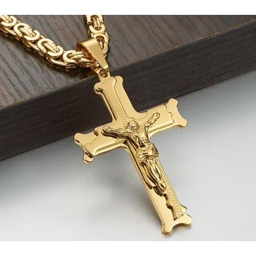 Hip Hop Mens Two Layers Jesus Cross Pendant Necklace Jewelry Gift Rock 316L Stainless Steel Byzantine Box Chain