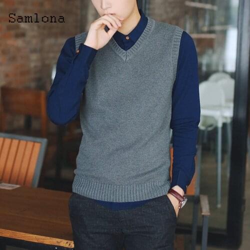 Samlona Autumn Winter Sweater V-neck Knitwear Vest Men Smart Casual Pullovers Sleeveless Knitted Sweater Kpop Mens Clothing 2021