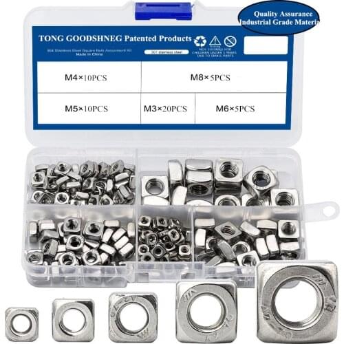304 Stainless Steel M3 M4 M5 M6 M8 Metric Square Nuts Set Square Nuts Assortment Kit A2 Din557 Four-sided Nuts Home Hardware