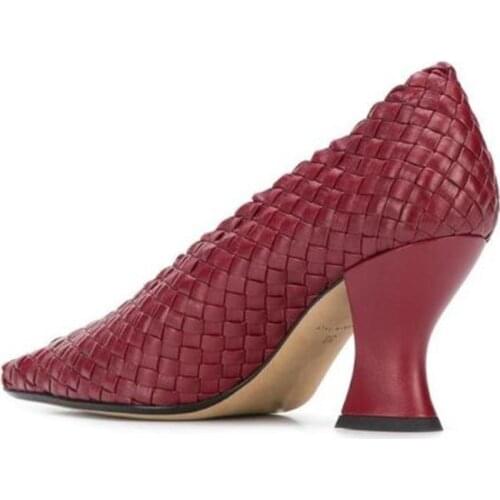 Newest Genuine Leather Knitting Women Pumps Pointed Toe Strange Style Heel Women Shoes Soft Leather Slip on Office Female Pumps