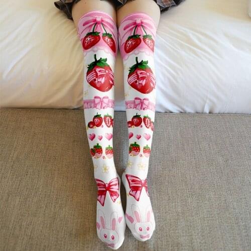 New Sexy Women Thin Thigh High Stockings Strawberry Letters Girl Summer Over Knee Stockings Cartoon Lovely Pink Long Stockings