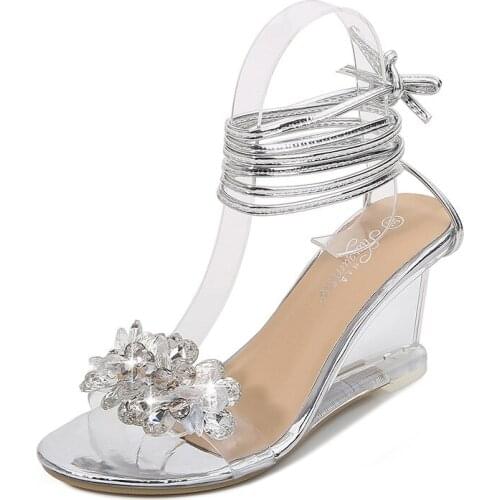 Wedges PVC Transparent Pumps Open Toe Sexy Party Women Shoes Roman Double Wear Sandals Lady Summer Simple Rhinestone High Heels