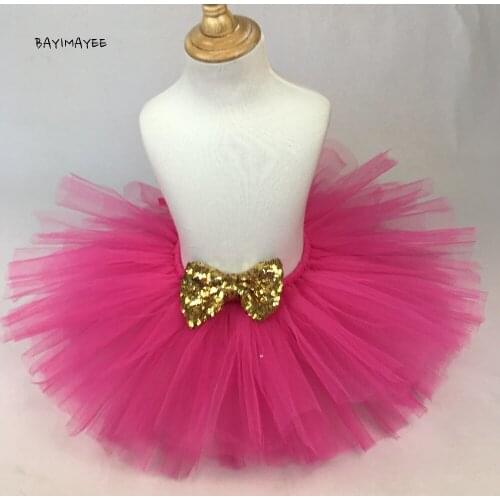 Girls Pink Tutu Skirt Baby Ballet Tulle Pettiskirts Tutu with Gold Sequin Bow Kids Birthday Party Skirt Costume Photograph Cloth