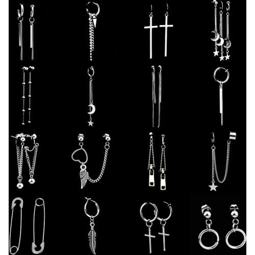 SOHOT Unisex Drop Hoop Earrings Leaf Cross Heart Wing Moon Star Pins Paperclip Zipper Long Tassel Multi-layer Chain Punk Party