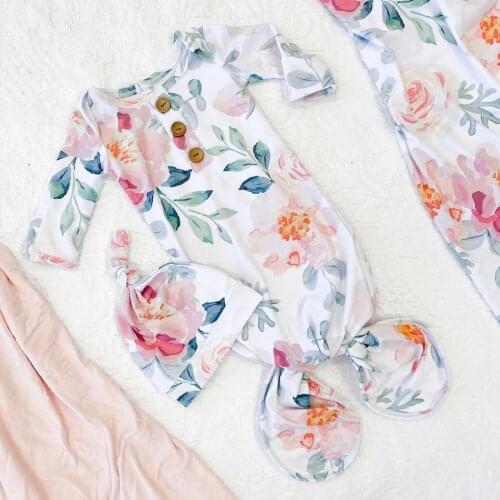 2Pcs Cotton Newborn Baby Sleeping Bags With Hat Floral Print Full Body Classic Long Sleeve Swaddle Cotton Blanket Wrap Clothing