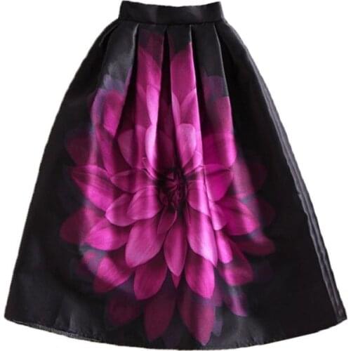 BunniesFairy Autumn Audrey Hepburn Vintage Retro Fantasy Purple Flower Floral Print High Waist Pleated Midi Skirt Black Saias