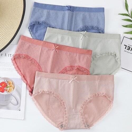 Womens Comfortable Cotton Panties Antibacterial Ladies Underwear Lace Edge Breathable Mid-waist Sexy Briefs Multiple Color