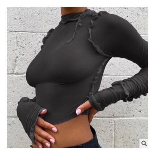 Women Sheer Mesh Crop Top Solid Color Long Sleeve Turtleneck T-shirt Sexy Perspective Ladies Slim Fit Tee Tops Pullover