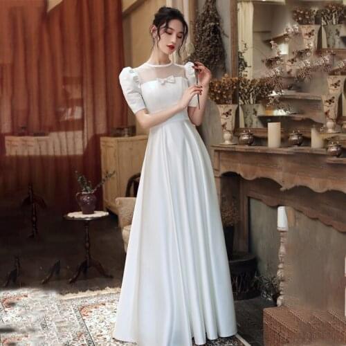Special Occasion Dress Vintage O-Neck Short Button Lace Bow A-Line Luxury White Floor-Length Fashion Elegant Lady Prom Gown E933