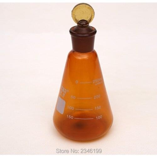 10pcs 150ML 250ML Amber Glass Triangle Beaker Conical Erlenmeyer Flask With Scale With Stopper High-resistent Free Shipping