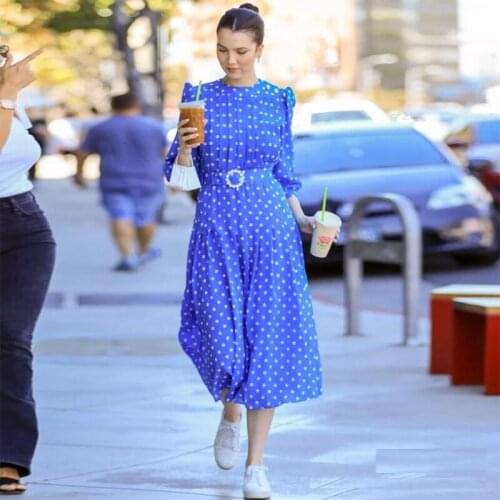 2021 Autumn Dress Fashion Runway New Design Women Blue Dot Printed Elegant Belt Elegant Fashion Party Dresses