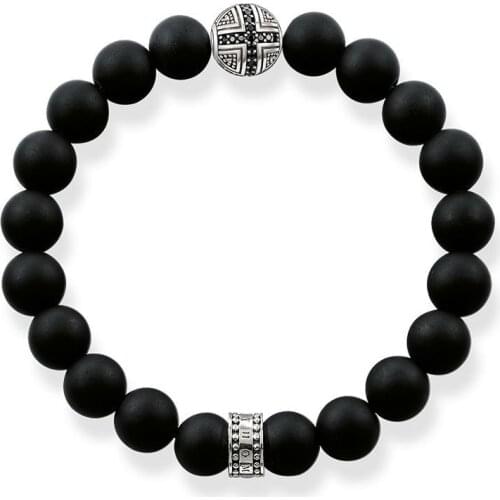 8MM Cross Beads Bracelets Black Natural Obsidian Strand Bracelets Skeleton 925 Sterling Silver CZ Bangle Women Men Jewelry Gift