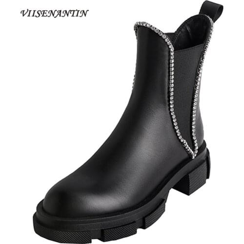 Thick-soled Black Short Boots 2021 Autumn New Round Toe Thick Mid-heel Rhinestone Chelsea Boots British Style Leather Boots