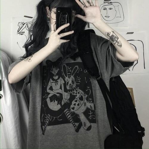 Japanese Retro Cartoon Net Red Short-sleeved T-shirt Female 2021 Summer New Gothic Loose Top Sleeve Oversized T-shirt Half S-XXL