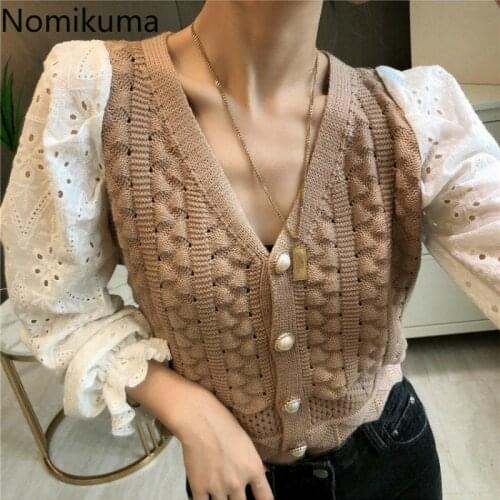 Nomikuma Korean Patchwork Puff Long Sleeve Knitted Short Cardigan 2020 Autumn V-neck Single Breasted Slim Sweater Jacket 6C451