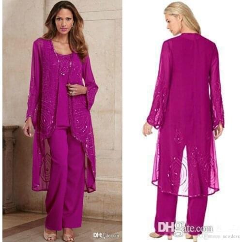 Plus Size Mother Of Bride Pant Suits Three Pieces Chiffon Mother Formal Wear Bead Special Occasion Mothers Trousers With Jacket