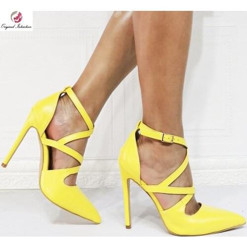 Summer Cross Strap Shoes Women Pumps Buckle Strap Thin High Heels Yellow Stiletto Sexy Pointed Toe Ladies Footwear Sandals 2021