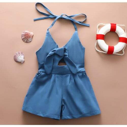 2020 Hot Sale New Childrens Swimsuit Girls Jumpsuit Open Back Lace Halter Beach Jumpsuit