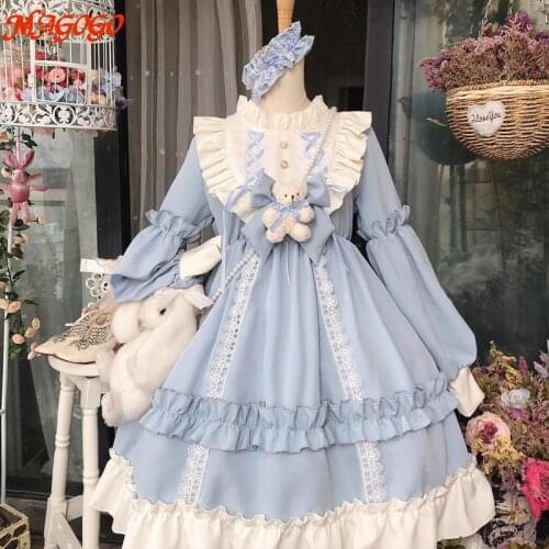 Lolita Style Dress Women Lace Maid Costume Dress Long Sleeve Kawaii Loose Soft Sisters New Female Cute Sweet Mid Dress