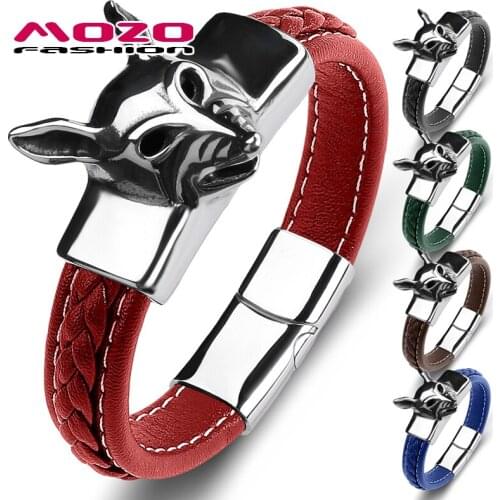 MOZO FASHION 2021 Men Bracelets Trendy Fox Stainless Steel Genuine Leather Multi Color Charm Wholesale Dropshipping Jewelry 135