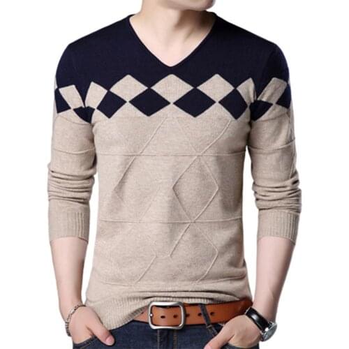 Autumn Winter Men Chic V Neck Long Sleeve Color Block Casual New Fashion Pullover Knitwear Elastic Slim Sweater Male Pullovers