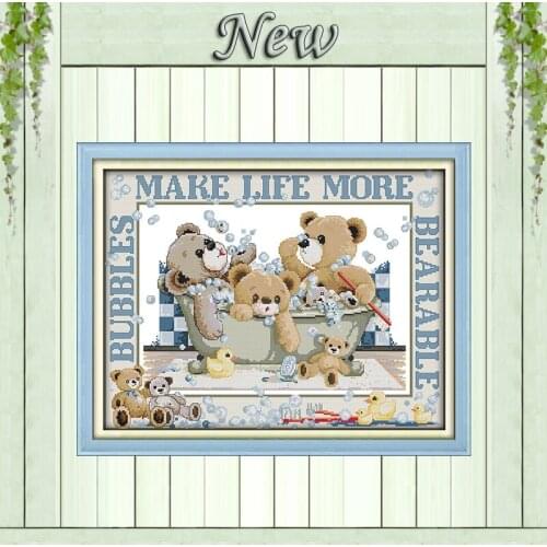 Bubble bath bears doll animal painting cartoon Counted Print on canvas DMC 11CT 14CT Cross Stitch kits Needlework Set embroidery