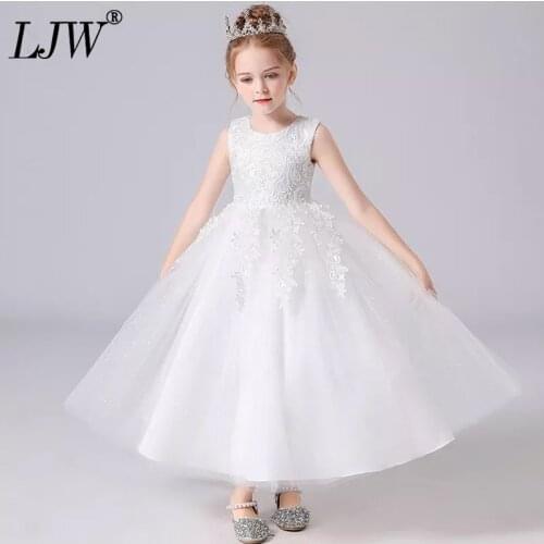 NEW White Princes Dress for girls Wedding Dress Flower girl Long Lace embroidery elegant Party evening dress Children clothing