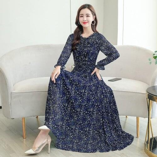 Printed Dress Women Early Autumn Female New Floral Chiffon Slim Fashion Elegant Big Swing Long Beach Dress Female Vestidos k891