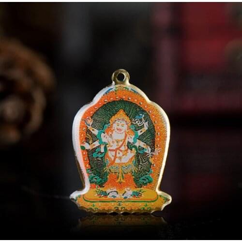 Six-Armed Mahagala Buddha Statue Small Thangka Tibetan Buddhism Copper Foil Pendant