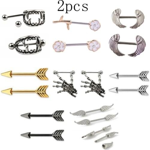 2pcs Nipple Piercing Barbell 14G Skull Flower Arrow Nipple Shield Charming Nipple Rings For Women Body Piercing Jewelry