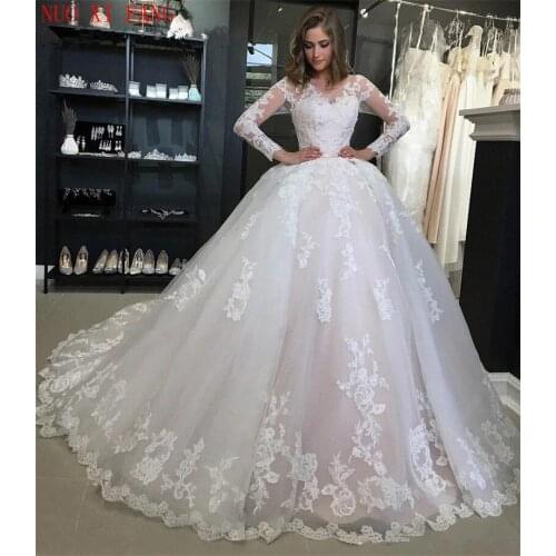 NUOXIFANG Boho Long Sleeves Wedding Dresses 2020 Appliques Sheer O-Neck Ball Gown Bridal Gowns Elegant Robe de Mariee Casamento