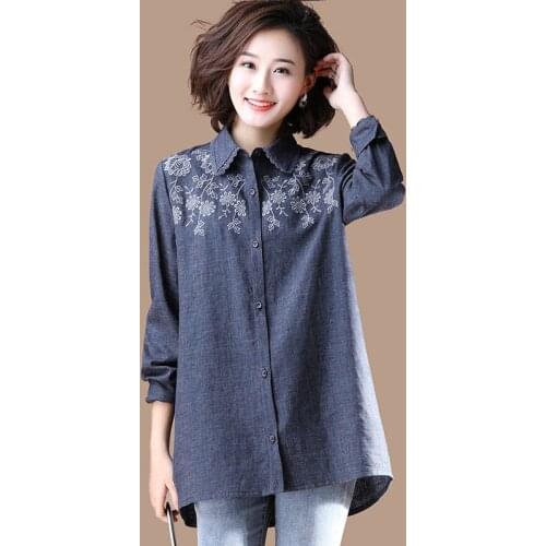 100% Cotton Solid Embroidery Women Shirts Turn-Down Collar Long-Sleeved Straight Loose Vintage Female Outwear Coats Tops