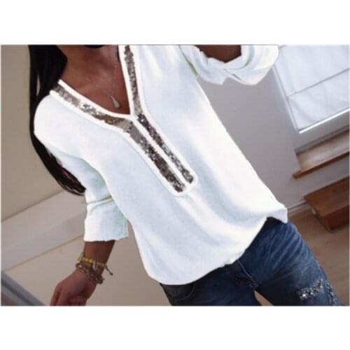 Hirigin Plus Size Women Solid V-neck Chiffon Shirt Long Sleeve Blouse Casual Loose Sequin Top Shirt
