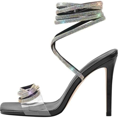 Richealnana Womens Crystal Bow PVC Strap Square Open Toe Lace-Up Slingback High Thin Heels Ankle-Wrap Female Summer Shoes