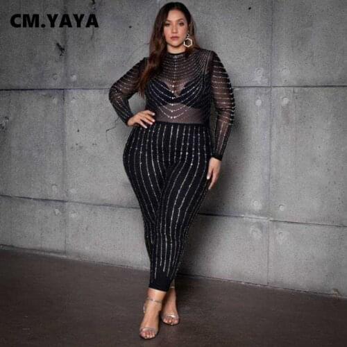 CM.YAYA Women Jumpsuit Mesh See-through Diamonds Full Sleeve Back Zipper Skinny Pencil Jumpsuits Sexy Fashion Outfit Autumn 2021
