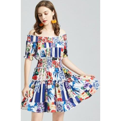 2021 New Runway Summer Off Shoulder Beach Dress Sexy Womens Flower Print Short Sleeve Ruffles Slim Elastic Waist Short Dresses