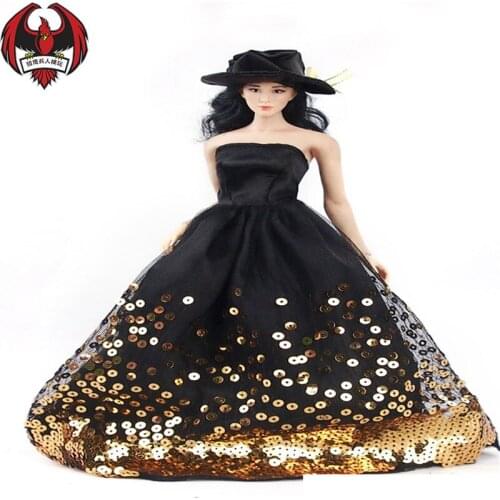 1/6 Soldier Model Accessories Clothing Female Wedding Evening Dress Black Tube Top With Gold Sequins In Stock