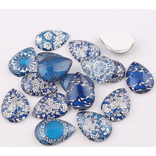 Water Drop Mulity BlueAnd White Porcelain 16pcs Glass Cabochon18x25mm Flatback Dome Cabochon BaseSetting DIY Accessories Jewelry