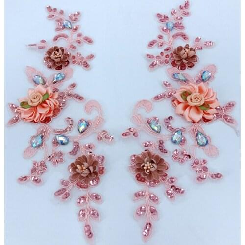2Pieces Lace Applique Pair Beaded Three-dimensional Sew On Rhinestone Wedding Lace Flower Patch Performance Clothing DIY Lace