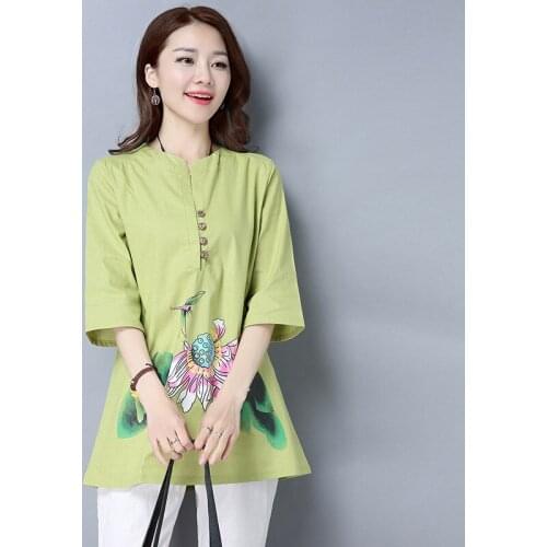 2018 Women Summer Style T-Shirts Casual Print Cotton Linen T Shirt Ladies Short Sleeve Mid-Long Shirts Tops Tees Plus Size AB865