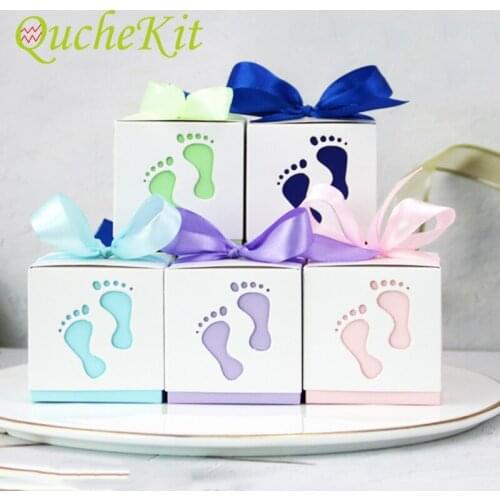 50Pcs Baby Foot Candy Gift Box DIY Hollow Party Favor Boxes With Ribbon Baptism Container Baby Shower Paper Gift Packaging Box