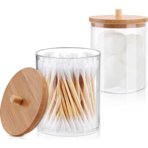 2 Pack Acrylic Qtip Holder Dispenser Bathroom Jars with Bamboo Lids, Cotton Ball Pad Round Swab Holder for Storage Organizer