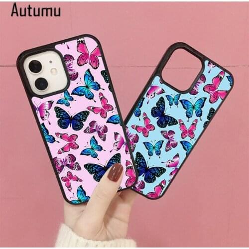 Phone Case for iPhone 12 mini X XS XR 11 Pro Max SE 2020 5 6S 7 8 Plus Samsung Galaxy S8 S9 S10 S20 S21 Butterflys Pink & Blue